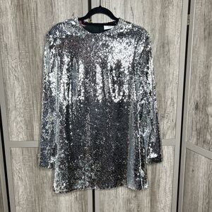 RACIL Silver Sequined Dress Mini Formal Party Cocktail Long Sleeves Size 38